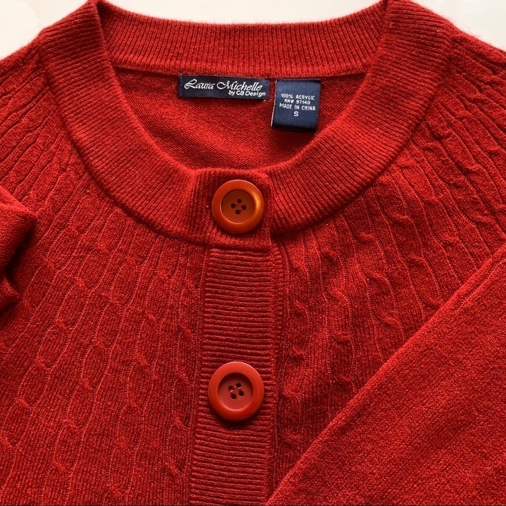 LAURA MICHELLE Red Cardigan Sweater Round Neck Cable Knit Fitted - Picture 5 of 9